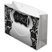 Silver Satin Blüht schwarz & grau personalisieren Große Geschenktüte (Rückseite Schrägansicht)