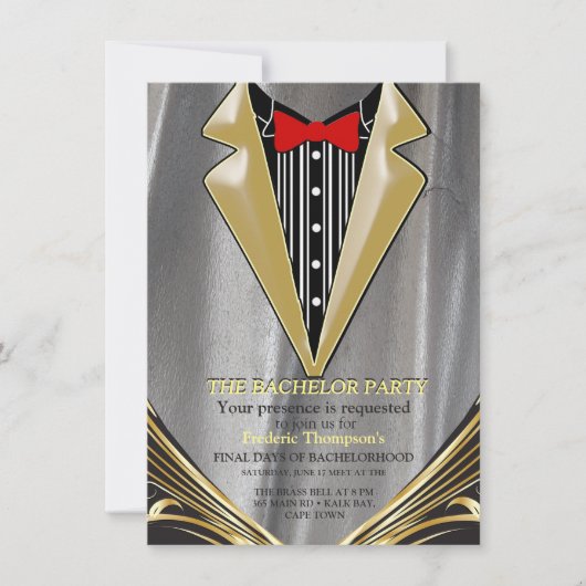 Silver Satin & Gold Blume Einladung Bachelor (Vorderseite)