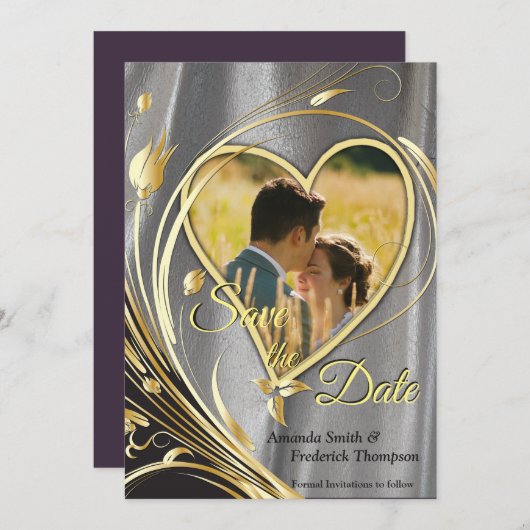 Silver Satin & Gold Blume Pracht Save The Date (Vorne/Hinten)