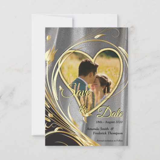 Silver Satin & Gold Blume Pracht Save The Date (Vorderseite)