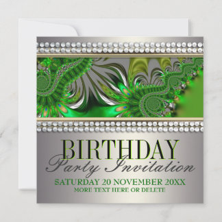Silver Satin Green Swirl Geburtstagsparty Einladun Einladung