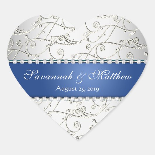 Silver Save the Date Royal Blue Wedding Siegel Herz-Aufkleber (Vorderseite)