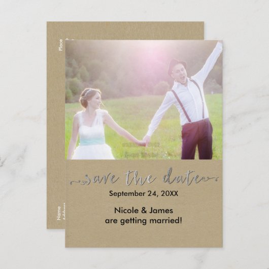 Silver SAVE THE DATE rustikales Foto Hochzeit Post Ankündigungspostkarte (Vorne/Hinten)