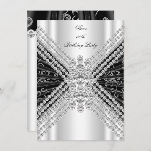 Silver Schwarz-weiß Birthday Party Diamond Einladung (Vorne/Hinten)