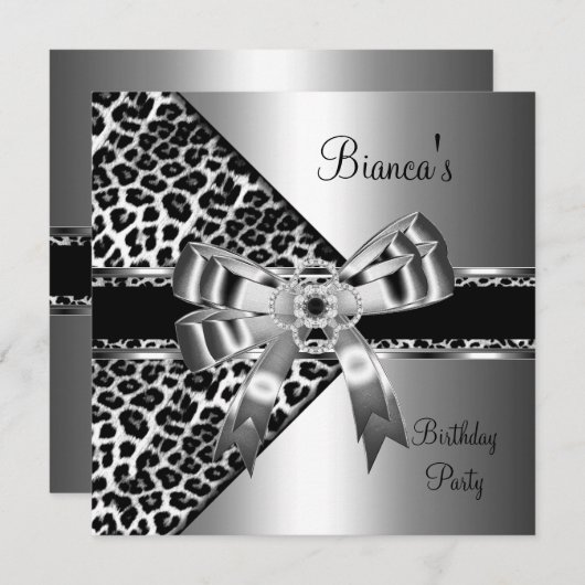 Silver Schwarz-weiß Leopard Diamond Jewel Bow Einladung (Vorne/Hinten)