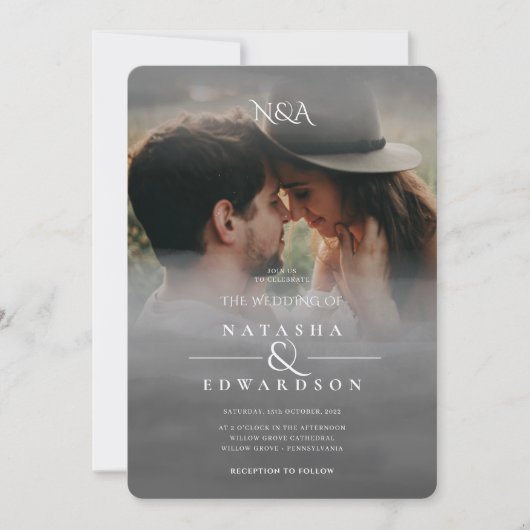 Silver Schwarz-weiße Abstrakt Overlay Foto Wedding Einladung (Vorderseite)