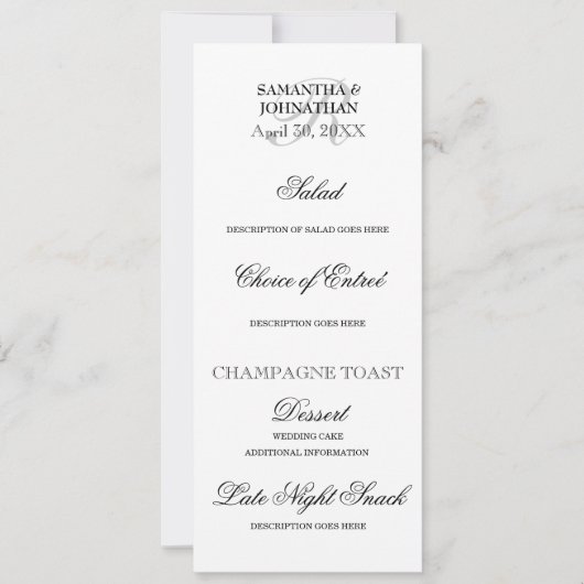 Silver Schwarz-weiße Hochzeit DIY Menü Dinner Part Einladung (Vorderseite)