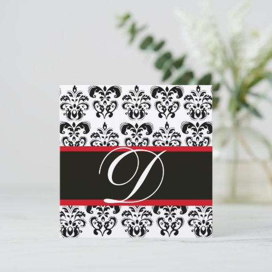 SILVER & SCHWARZE ROTE DAMASK-MONOGRAMM, weiß Einladung (Stehend Vorderseite)