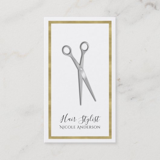 Silver Scissors Minimal Gold Border Hair Stylist Visitenkarte (Vorderseite)