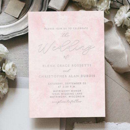 Silver Script Blush Watercolor Wash Wedding Folieneinladung