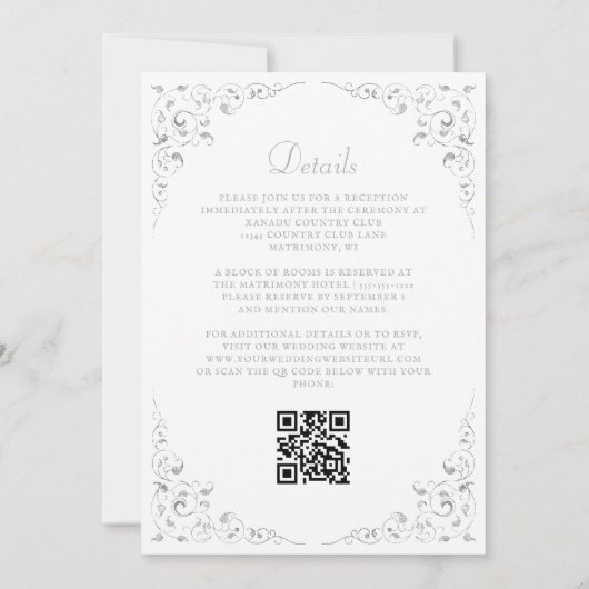 Silver Script Botanical Frame QR Code Hochzeit Einladung (Rückseite)
