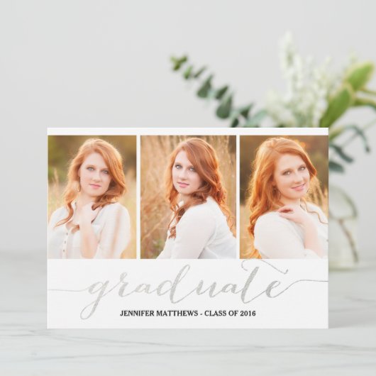 Silver Script Foto Collage | Graduierungspartei Einladung (Stehend Vorderseite)