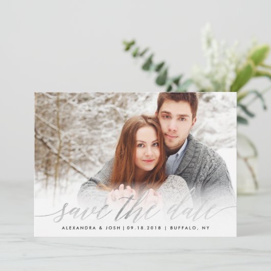 Silver Script Foto Save the Date in Imitats Foil (Stehend Vorderseite)