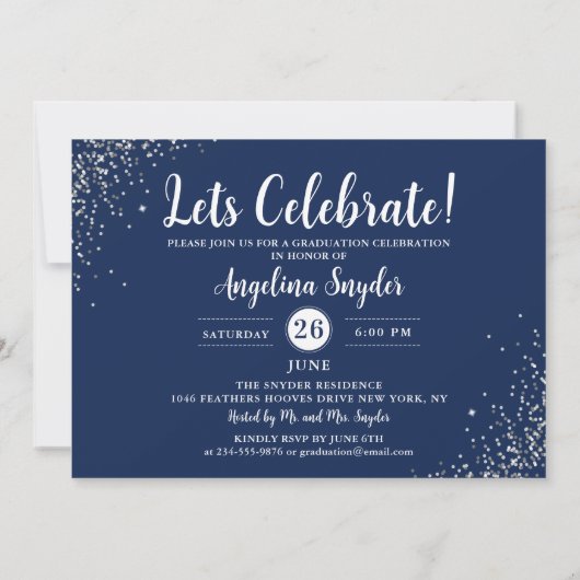 Silver Script Glitzer Navy Blue Foto Abschluss Einladung (Rückseite)