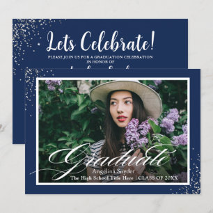 Silver Script Glitzer Navy Blue Foto Abschluss Einladung