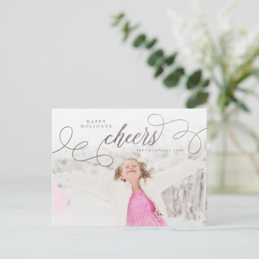 Silver Script Happy Holidays Personalisiertes Foto Postkarte (Stehend Vorderseite)