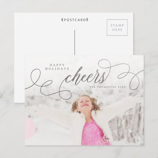 Silver Script Happy Holidays Personalisiertes Foto Postkarte (Vorne/Hinten)