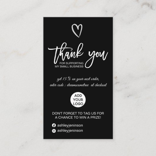 Silver Script Herz schwarz Logo Reihenfolge danke Visitenkarte (Vorderseite)