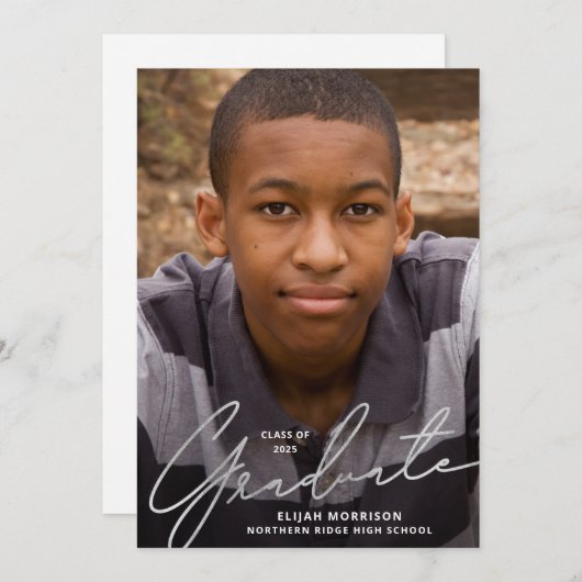 Silver Script Overlay Foto Graduation Party Einladung (Vorne/Hinten)