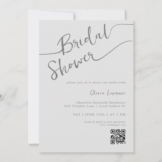 Silver Script QR Brautparty Einladung (Vorderseite)