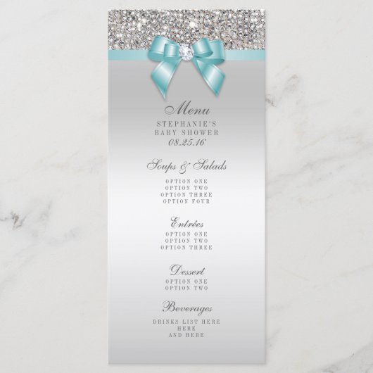 Silver Sequin Aquamarin Bow Baby Showmenü Menükarte (Vorderseite)
