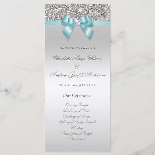 Silver Sequin Aquamarin Bow Wedding Program Programm (Vorderseite)