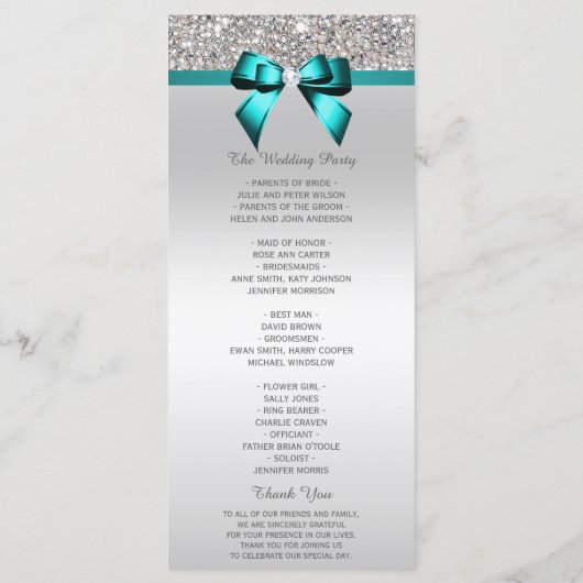 Silver Sequin Aquamarin Diamond Bow Wedding Progra Programm (Rückseite)