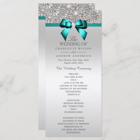 Silver Sequin Aquamarin Diamond Bow Wedding Progra Programm (Vorne/Hinten)