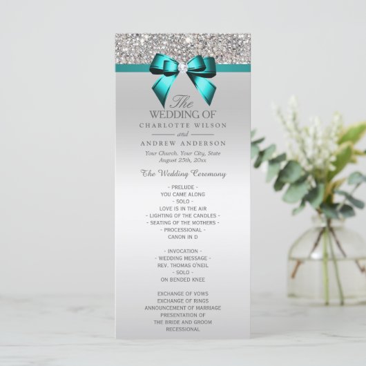 Silver Sequin Aquamarin Diamond Bow Wedding Progra Programm (Stehend Vorderseite)