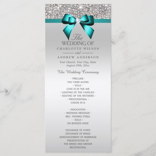 Silver Sequin Aquamarin Diamond Bow Wedding Progra Programm (Vorderseite)