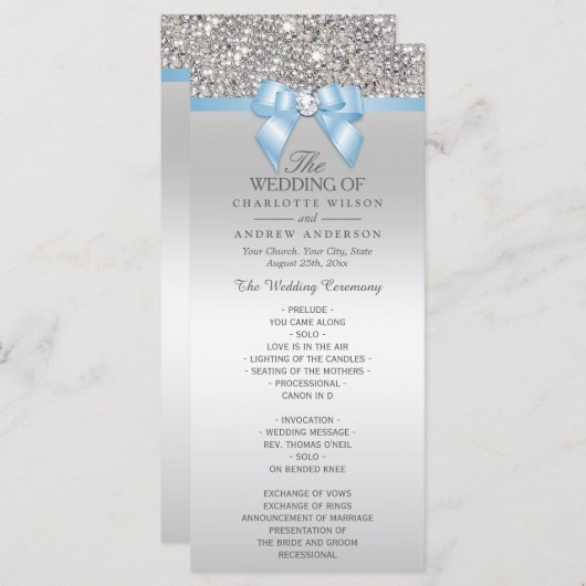 Silver Sequin Baby Blue Bow Wedding Program Programm (Vorne/Hinten)