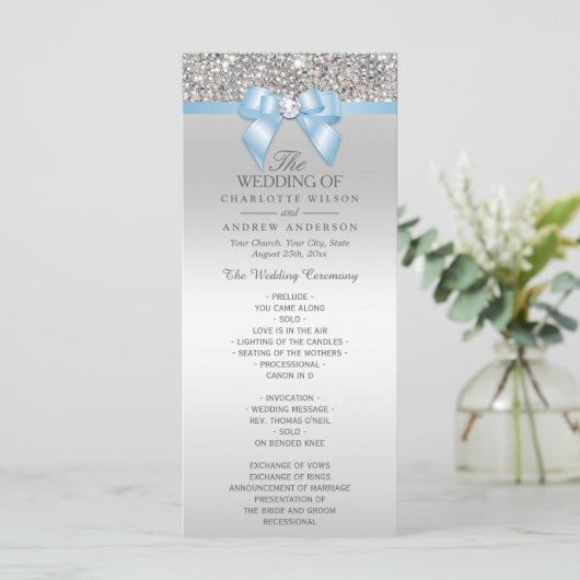 Silver Sequin Baby Blue Bow Wedding Program Programm (Stehend Vorderseite)