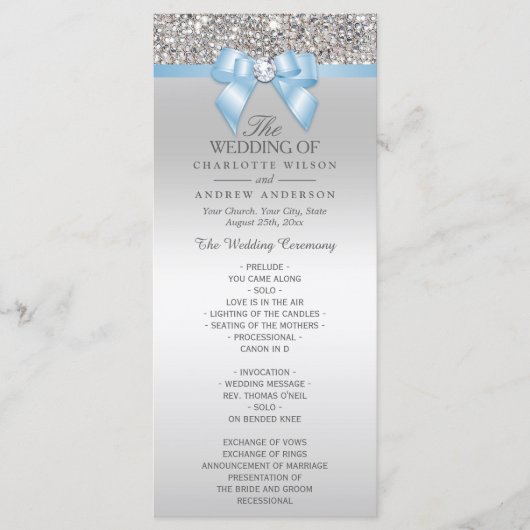 Silver Sequin Baby Blue Bow Wedding Program Programm (Vorderseite)