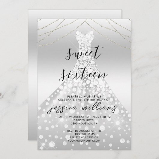 Silver Sequin Ball Gown Sweet 16 Geburtstag Einladung (Vorne/Hinten)