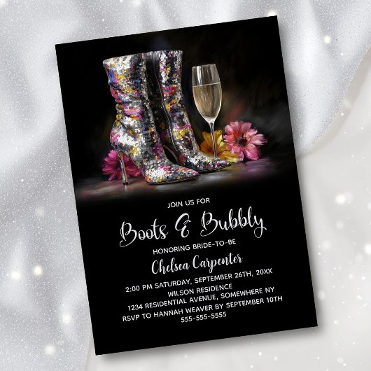 Silver Sequin Boots and Bubbly Bridal Shower Einladung