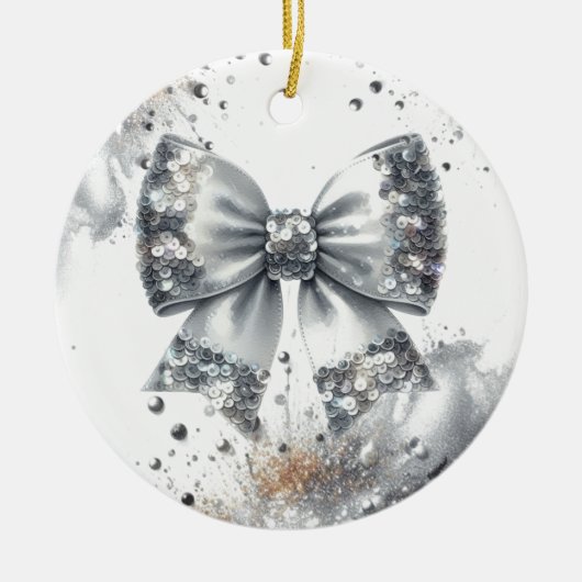 Silver Sequin Bow Glam Radiance Keramik Ornament (Vorne)
