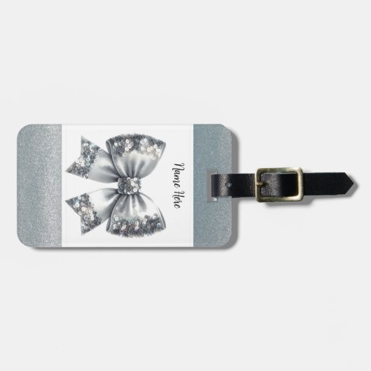 Silver Sequin Bow Silver Glitzer Gepäckanhänger (Vorderseite horizontal)