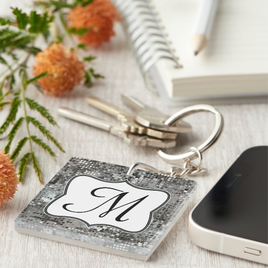 Silver Sequin Dazzle Glitz Glam Diskothek Schlüsselanhänger (Vorderseite rechts)