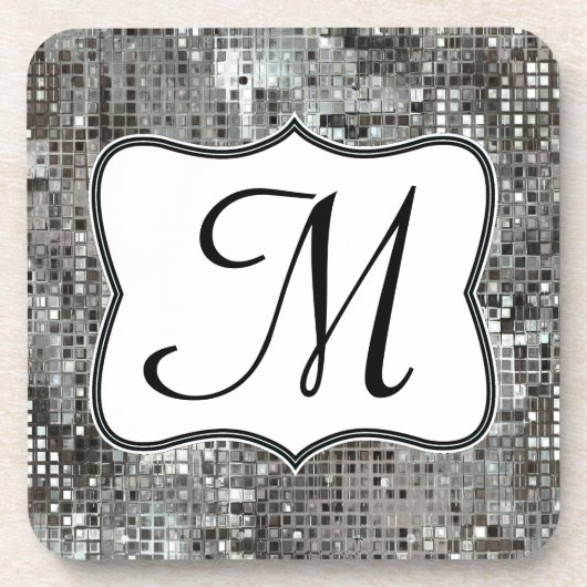 Silver Sequin Dazzle Glitz Monogram Drink Unterset Getränkeuntersetzer (Vorderseite)