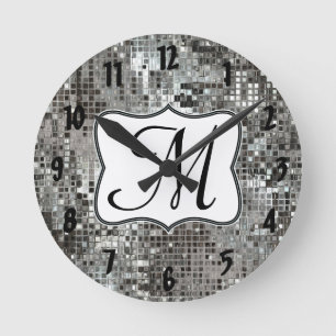 Silver Sequin Dazzle Monogram, Initial Wall Clock Runde Wanduhr