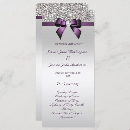 Silver Sequin Lila Bow Wedding Program Programm (Vorne/Hinten)