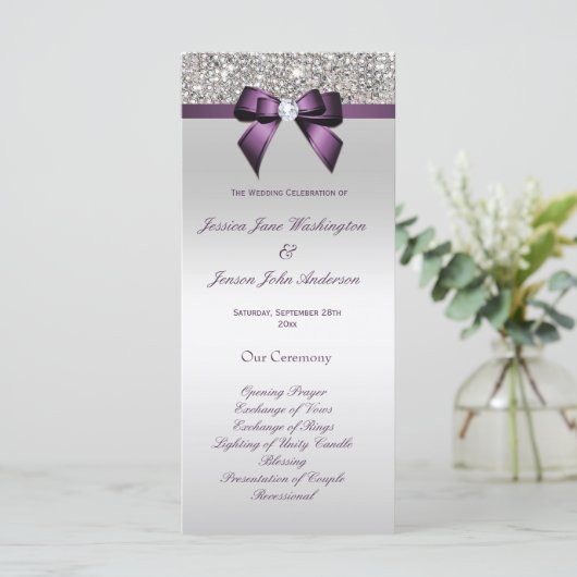 Silver Sequin Lila Bow Wedding Program Programm (Stehend Vorderseite)