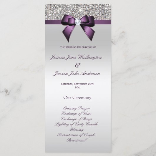 Silver Sequin Lila Bow Wedding Program Programm (Vorderseite)
