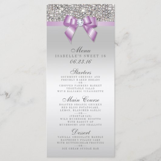Silver Sequin Lilac Bow Sweet 16 Menu Menükarte (Vorderseite)