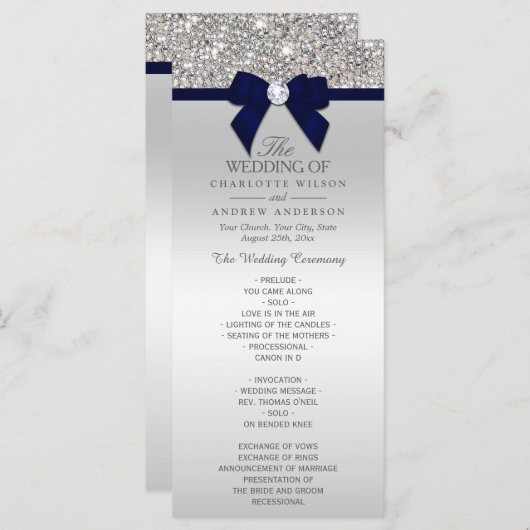 Silver Sequin Navy Blue Bow Wedding Program Programm (Vorne/Hinten)