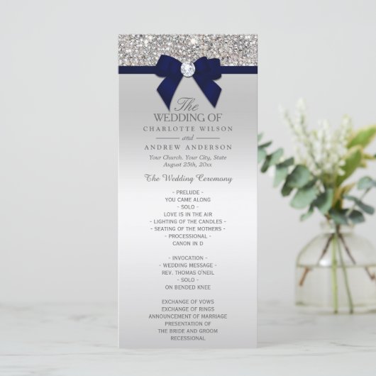 Silver Sequin Navy Blue Bow Wedding Program Programm (Stehend Vorderseite)