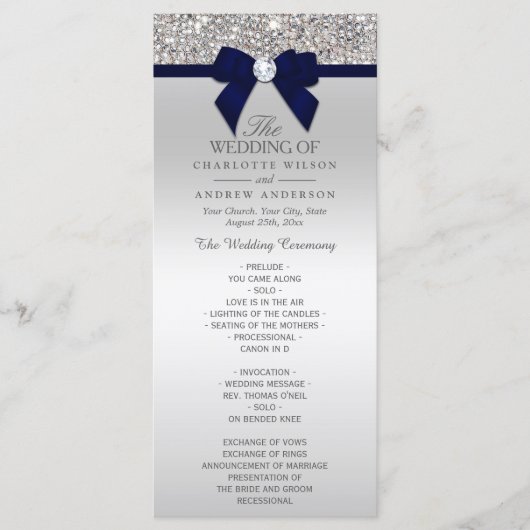 Silver Sequin Navy Blue Bow Wedding Program Programm (Vorderseite)