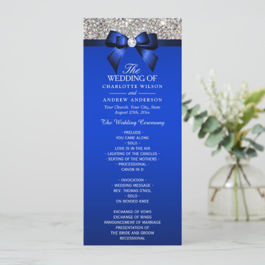 Silver Sequin Royal Blue Bow Wedding Program Programm (Stehend Vorderseite)