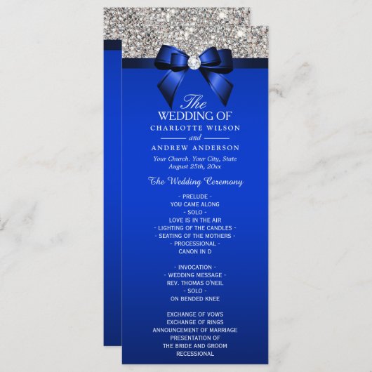 Silver Sequin Royal Blue Bow Wedding Program Programm (Vorne/Hinten)