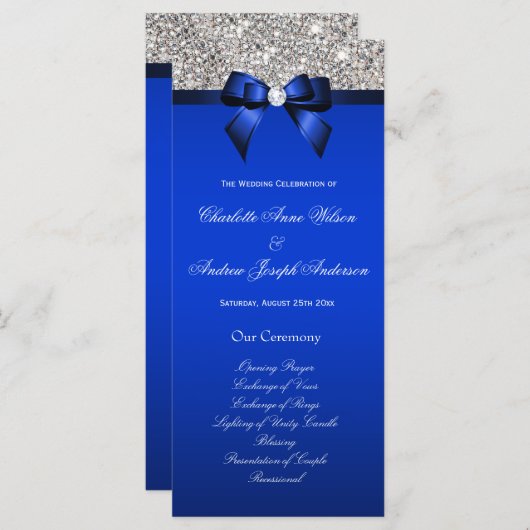 Silver Sequin Royal Blue Bow Wedding Program Programm (Vorne/Hinten)